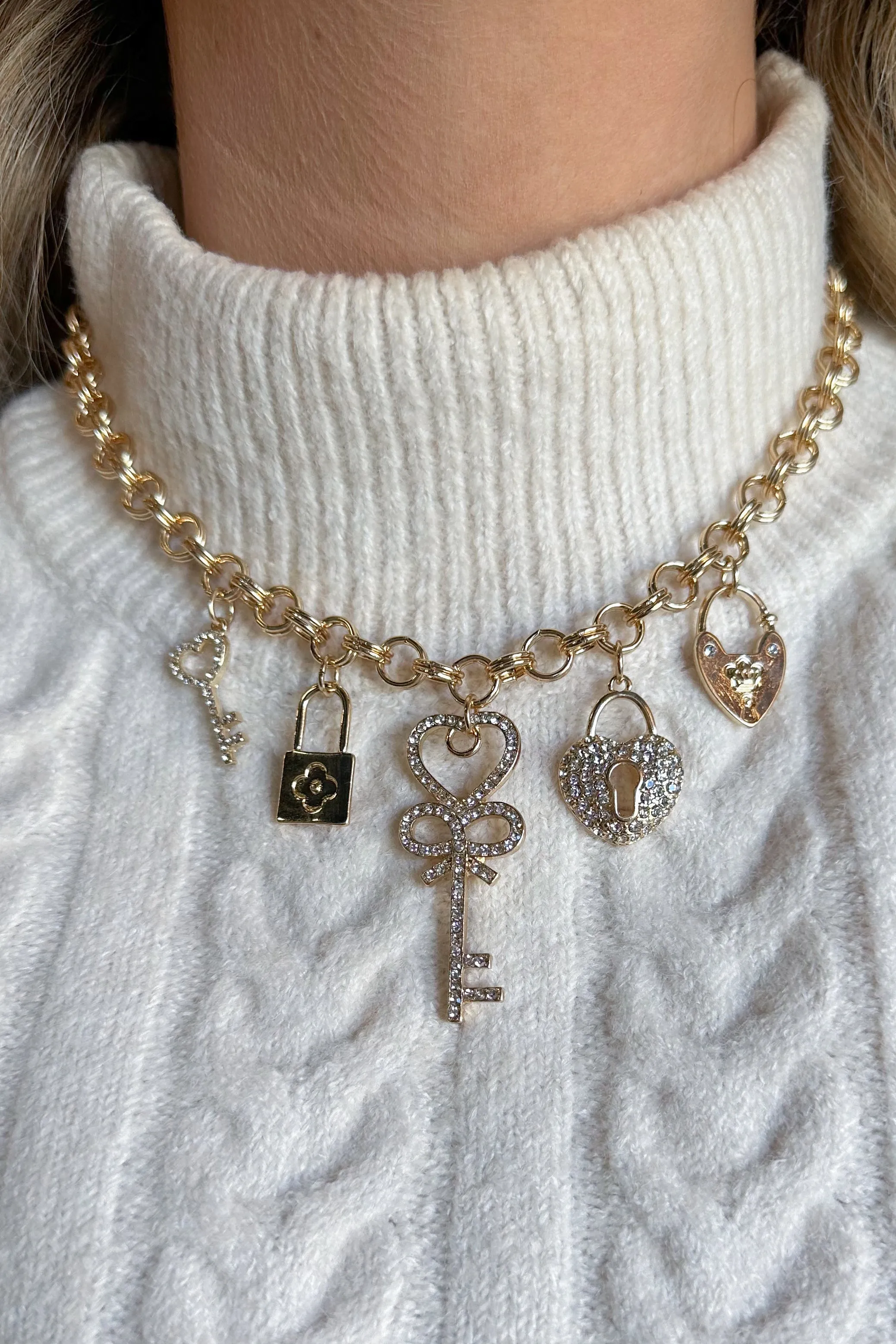 Charm Necklace ~ Gold Chain Crystal Heart and Keylock Necklace