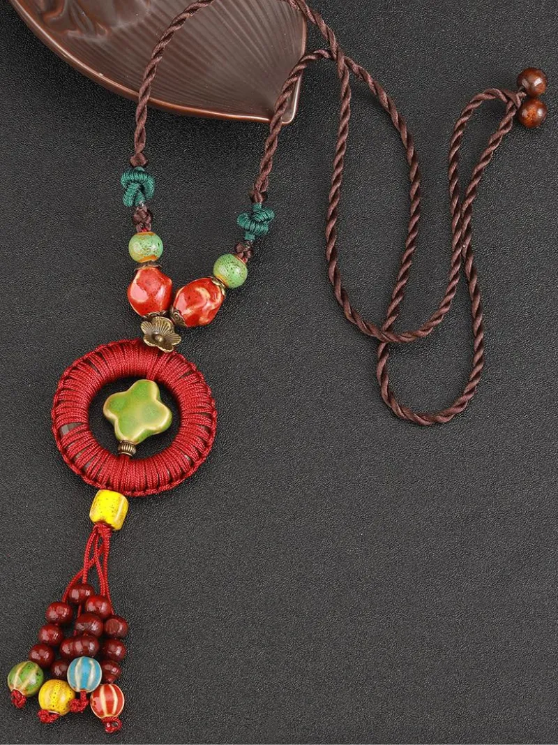 Chinese Aesthetic Ethnic Style Chain Women's Retro Hand-woven Chinese Style Ceramic Necklace Pendant