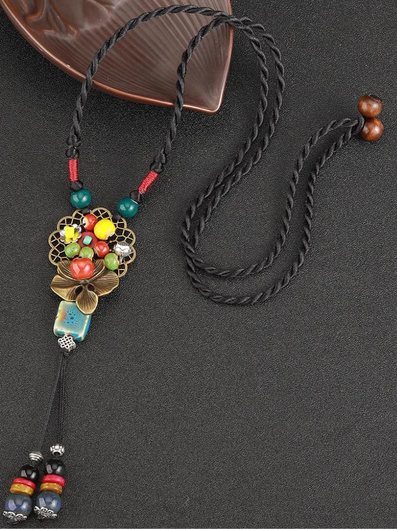 Chinese Aesthetic Ethnic Style Chain Women's Retro Hand-woven Chinese Style Ceramic Necklace Pendant