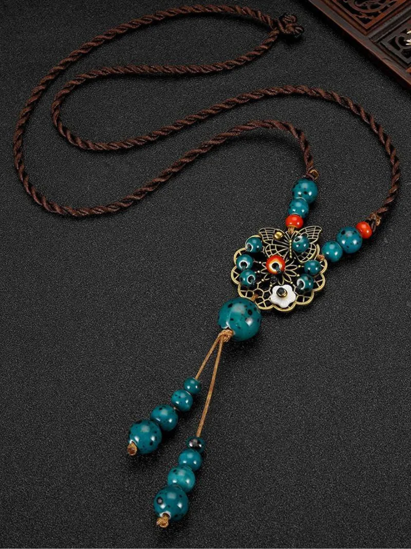 Chinese Aesthetic Ethnic Style Chain Women's Retro Hand-woven Chinese Style Ceramic Necklace Pendant