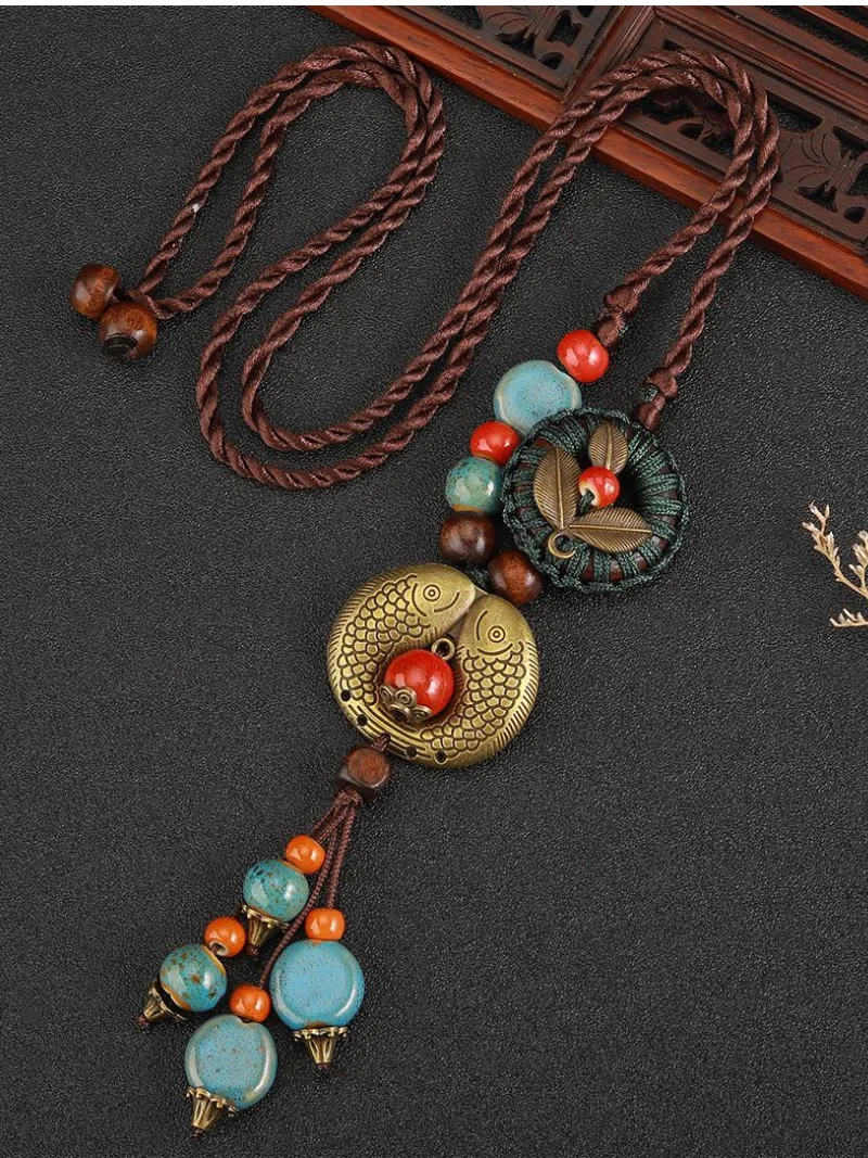 Chinese Aesthetic Ethnic Style Chain Women's Retro Hand-woven Chinese Style Ceramic Necklace Pendant