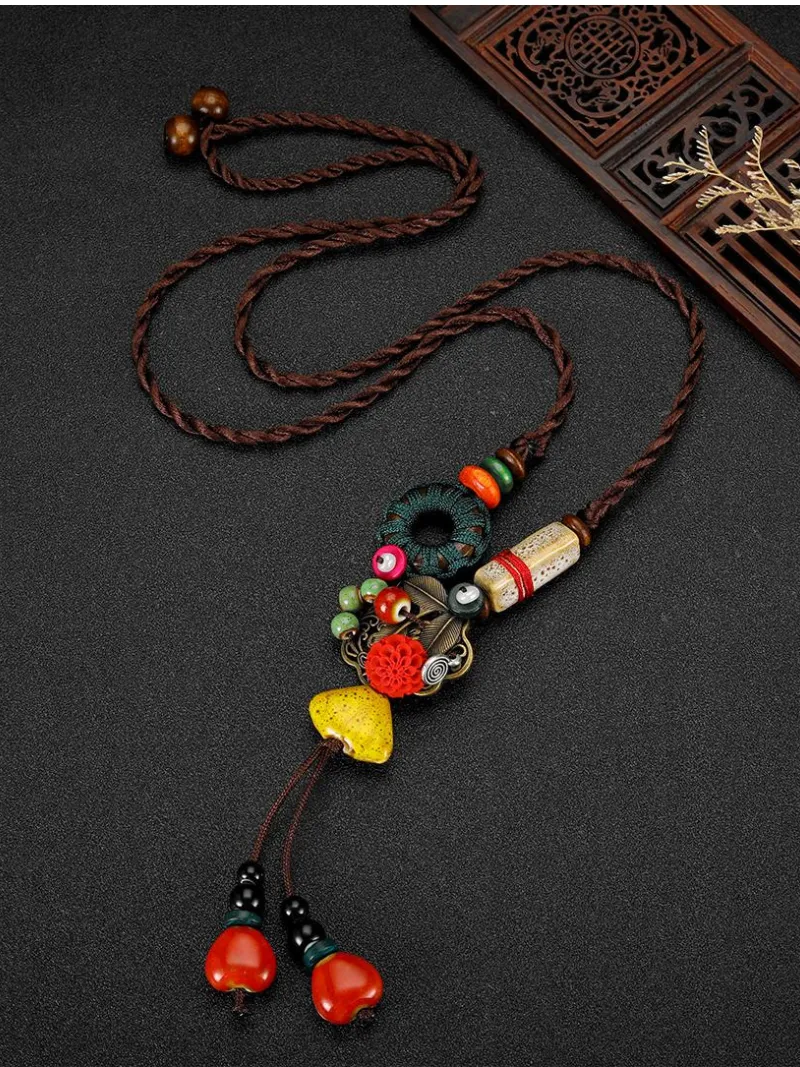 Chinese Aesthetic Ethnic Style Chain Women's Retro Hand-woven Chinese Style Ceramic Necklace Pendant