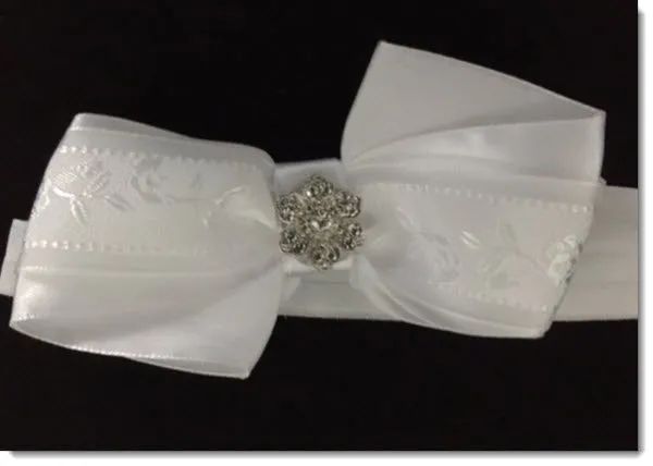 Christening Headband white satin bow with diamante flower