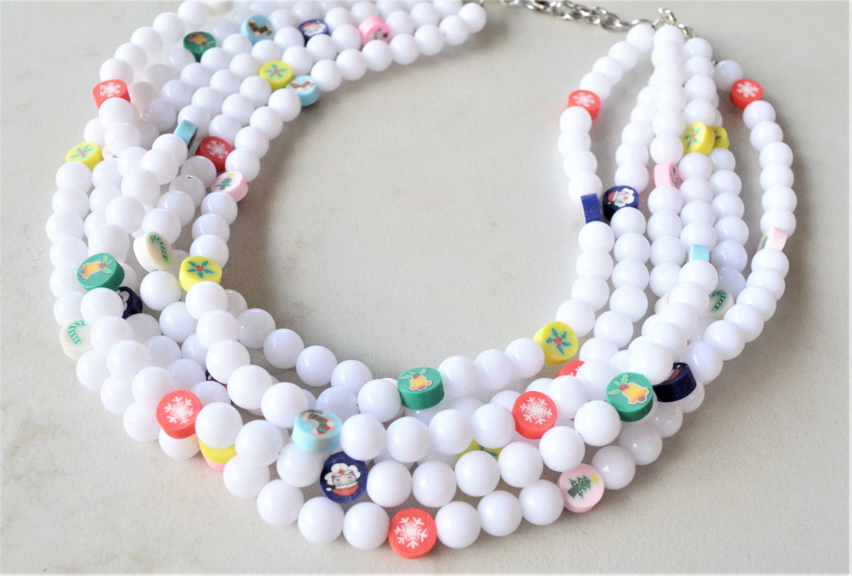 Christmas White Acrylic Lucite Bead Chunky Multi Strand Statement Necklace - Alana