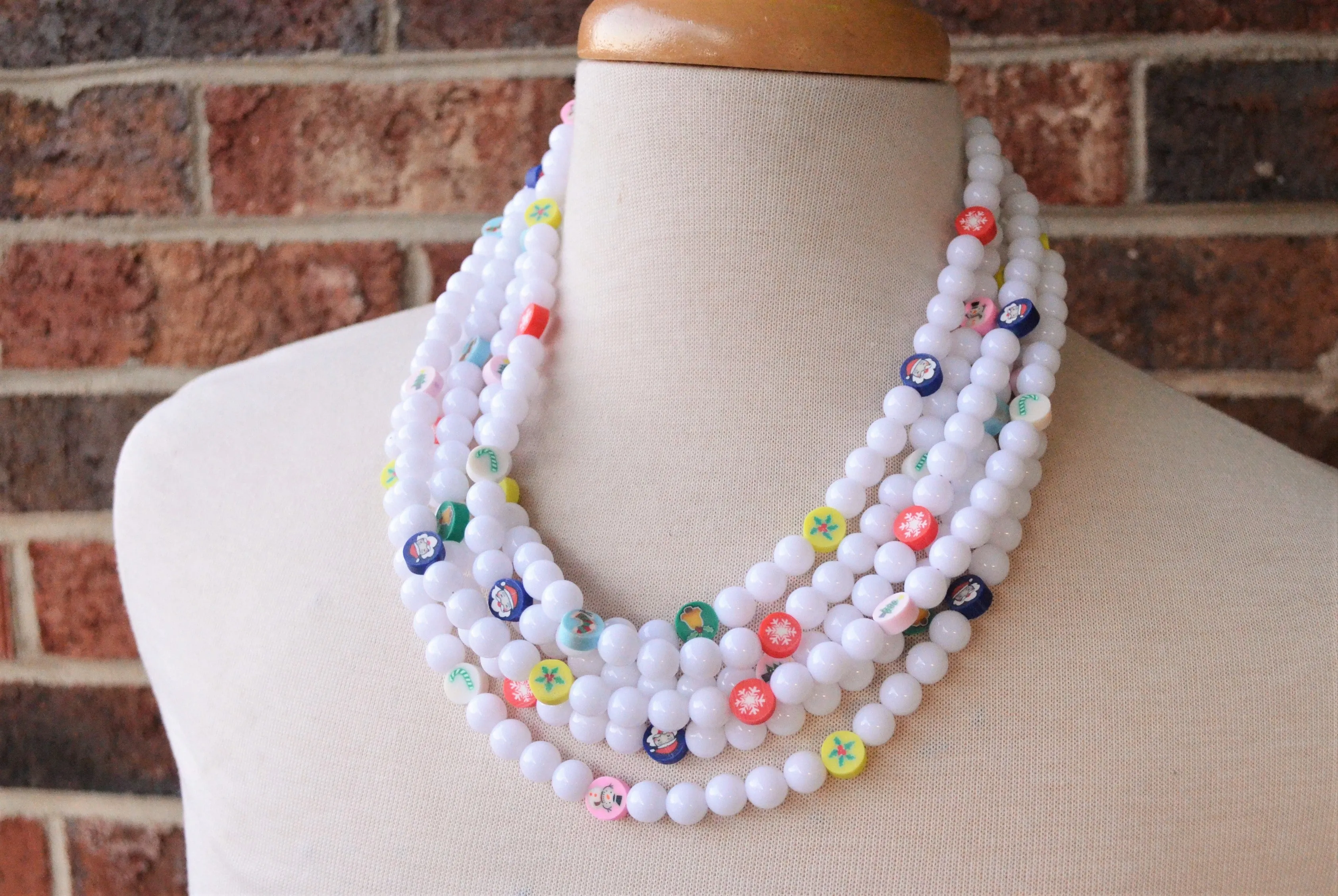 Christmas White Acrylic Lucite Bead Chunky Multi Strand Statement Necklace - Alana