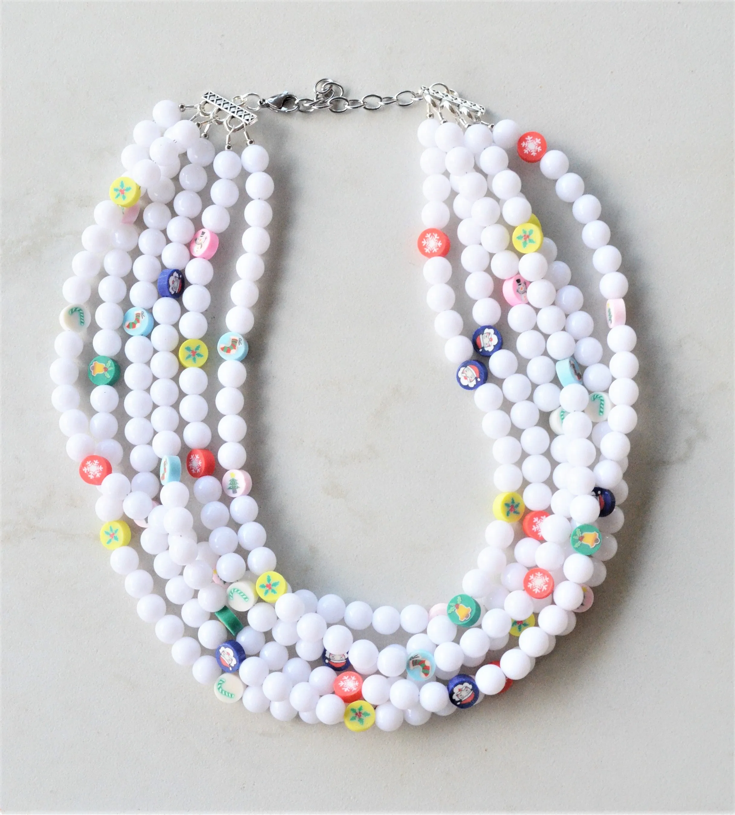 Christmas White Acrylic Lucite Bead Chunky Multi Strand Statement Necklace - Alana