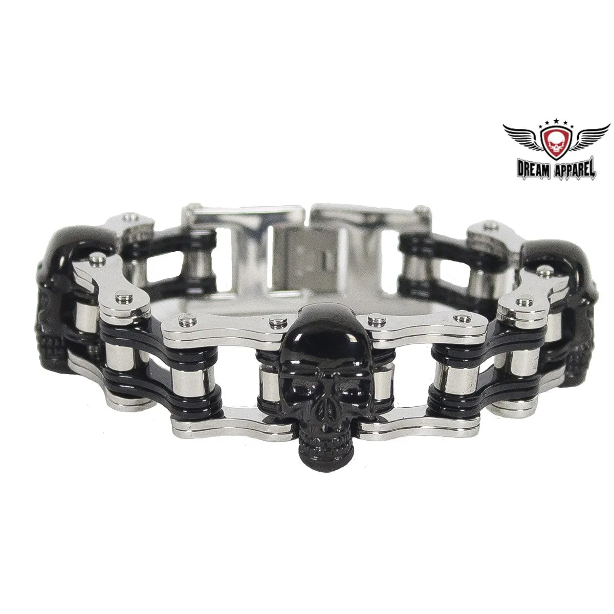 Chrome and Black Motorcycle Chain Bracelet with Black Skulls