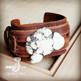 Chunky White Turquoise on Dusty Leather Cuff 230Y