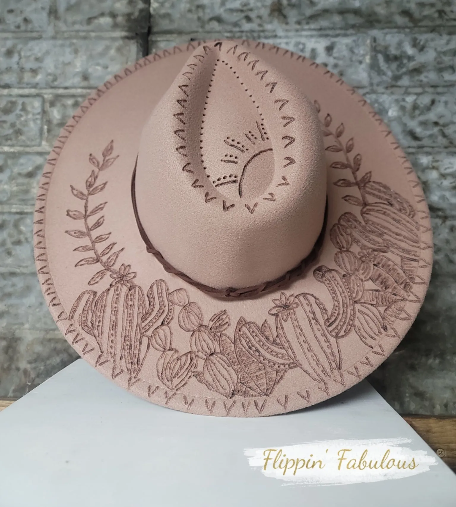 Claudia Hand Burned Wide Brim Hat