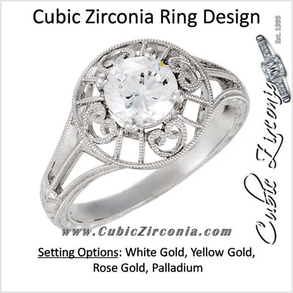 Cubic Zirconia Engagement Ring- The Anne (Round 1 Carat Solitaire with Heart-Engraved Band)