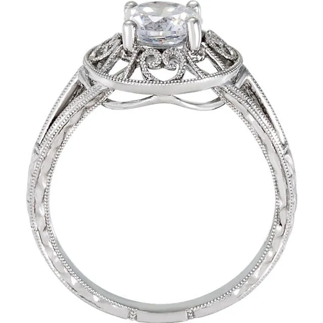 Cubic Zirconia Engagement Ring- The Anne (Round 1 Carat Solitaire with Heart-Engraved Band)