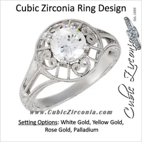 Cubic Zirconia Engagement Ring- The Anne (Round 1 Carat Solitaire with Heart-Engraved Band)