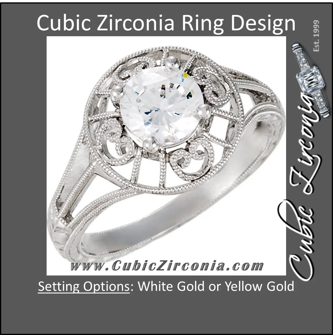 Cubic Zirconia Engagement Ring- The Anne (Round 1 Carat Solitaire with Heart-Engraved Band)