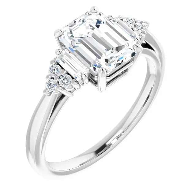 Cubic Zirconia Engagement Ring- The Barb (Customizable 9-stone Design with Emerald Cut Center, Side Baguettes and Tri-Cluster Round Accents)