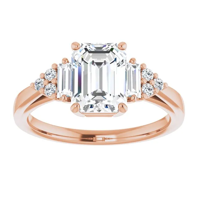 Cubic Zirconia Engagement Ring- The Barb (Customizable 9-stone Design with Emerald Cut Center, Side Baguettes and Tri-Cluster Round Accents)