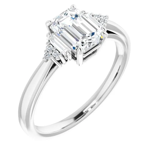 Cubic Zirconia Engagement Ring- The Barb (Customizable 9-stone Design with Emerald Cut Center, Side Baguettes and Tri-Cluster Round Accents)