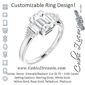 Cubic Zirconia Engagement Ring- The Barb (Customizable 9-stone Design with Emerald Cut Center, Side Baguettes and Tri-Cluster Round Accents)