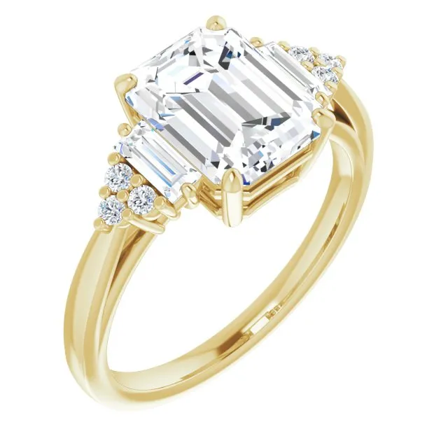 Cubic Zirconia Engagement Ring- The Barb (Customizable 9-stone Design with Emerald Cut Center, Side Baguettes and Tri-Cluster Round Accents)