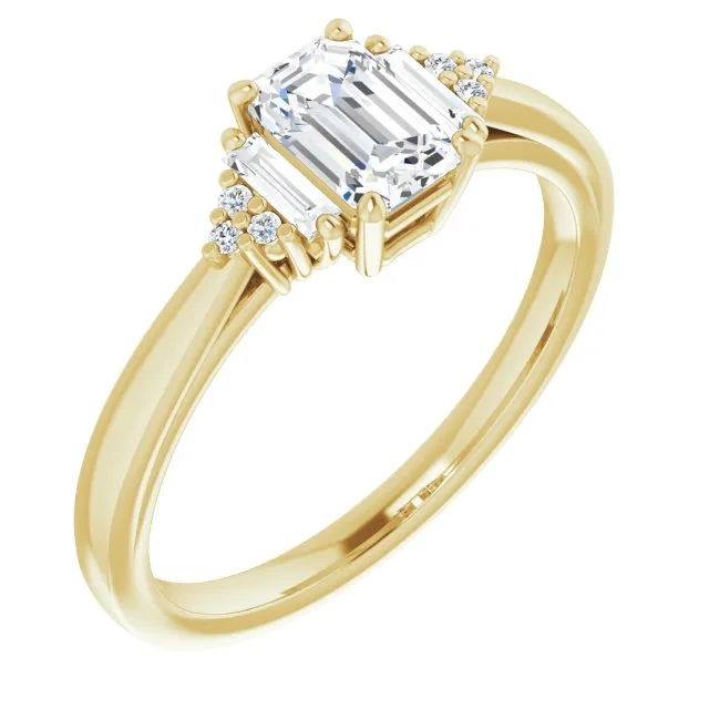 Cubic Zirconia Engagement Ring- The Barb (Customizable 9-stone Design with Emerald Cut Center, Side Baguettes and Tri-Cluster Round Accents)