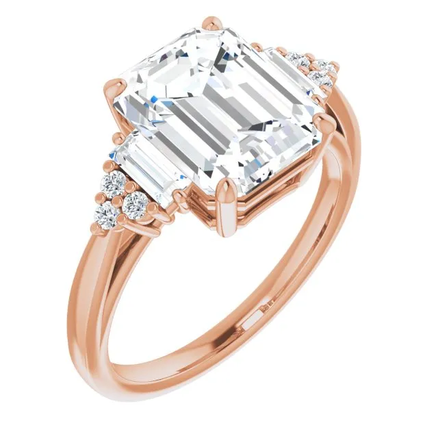 Cubic Zirconia Engagement Ring- The Barb (Customizable 9-stone Design with Emerald Cut Center, Side Baguettes and Tri-Cluster Round Accents)