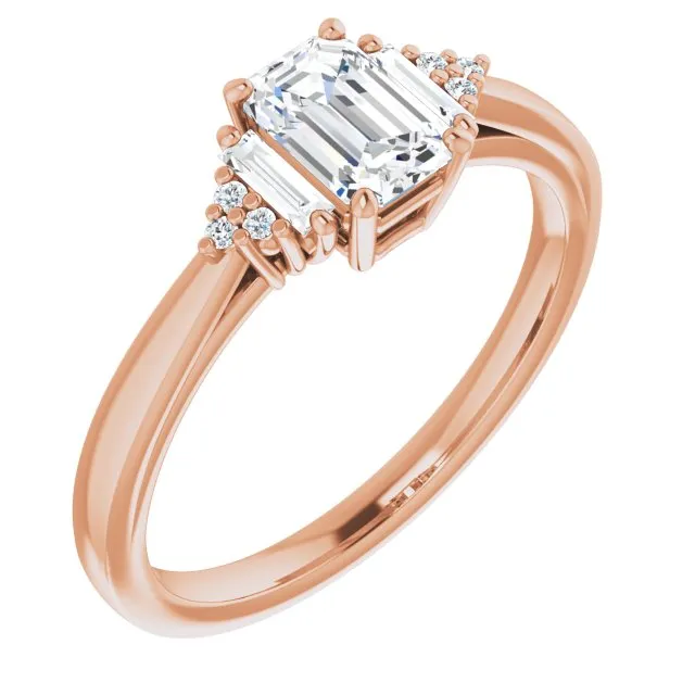 Cubic Zirconia Engagement Ring- The Barb (Customizable 9-stone Design with Emerald Cut Center, Side Baguettes and Tri-Cluster Round Accents)