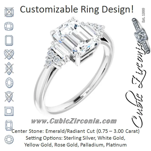 Cubic Zirconia Engagement Ring- The Barb (Customizable 9-stone Design with Emerald Cut Center, Side Baguettes and Tri-Cluster Round Accents)