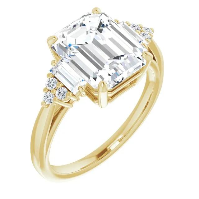 Cubic Zirconia Engagement Ring- The Barb (Customizable 9-stone Design with Emerald Cut Center, Side Baguettes and Tri-Cluster Round Accents)