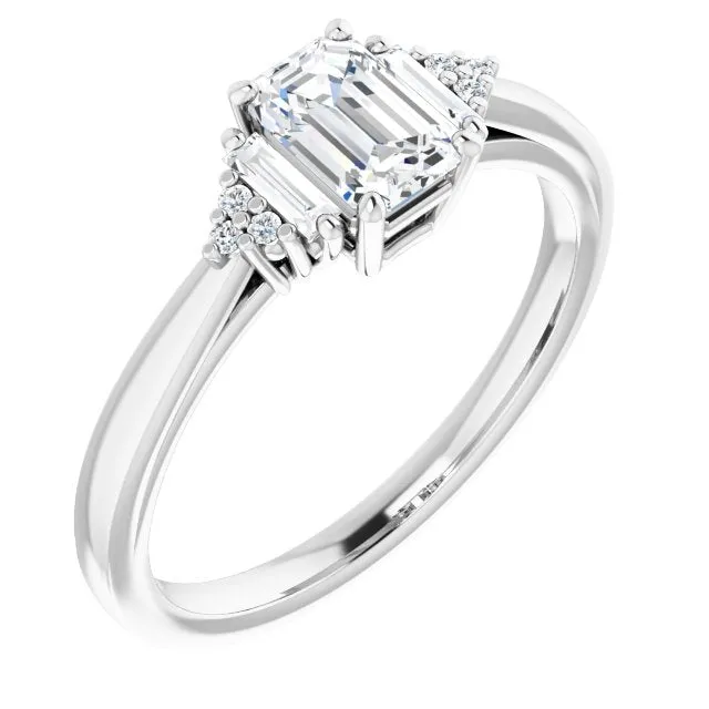 Cubic Zirconia Engagement Ring- The Barb (Customizable 9-stone Design with Emerald Cut Center, Side Baguettes and Tri-Cluster Round Accents)