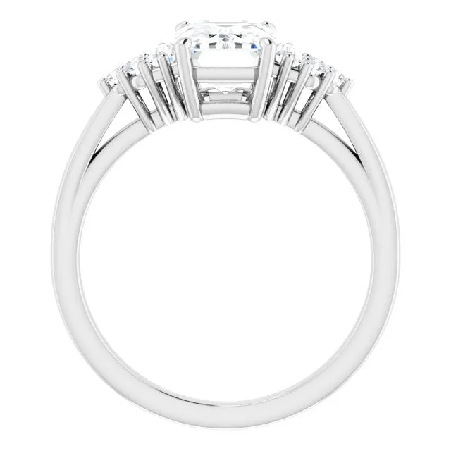 Cubic Zirconia Engagement Ring- The Barb (Customizable 9-stone Design with Emerald Cut Center, Side Baguettes and Tri-Cluster Round Accents)