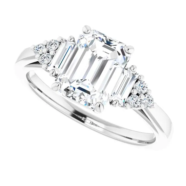 Cubic Zirconia Engagement Ring- The Barb (Customizable 9-stone Design with Emerald Cut Center, Side Baguettes and Tri-Cluster Round Accents)