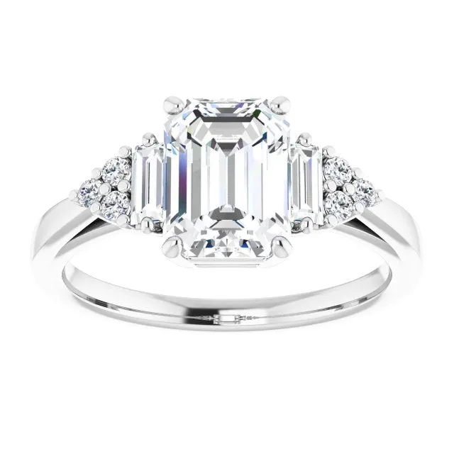 Cubic Zirconia Engagement Ring- The Barb (Customizable 9-stone Design with Emerald Cut Center, Side Baguettes and Tri-Cluster Round Accents)