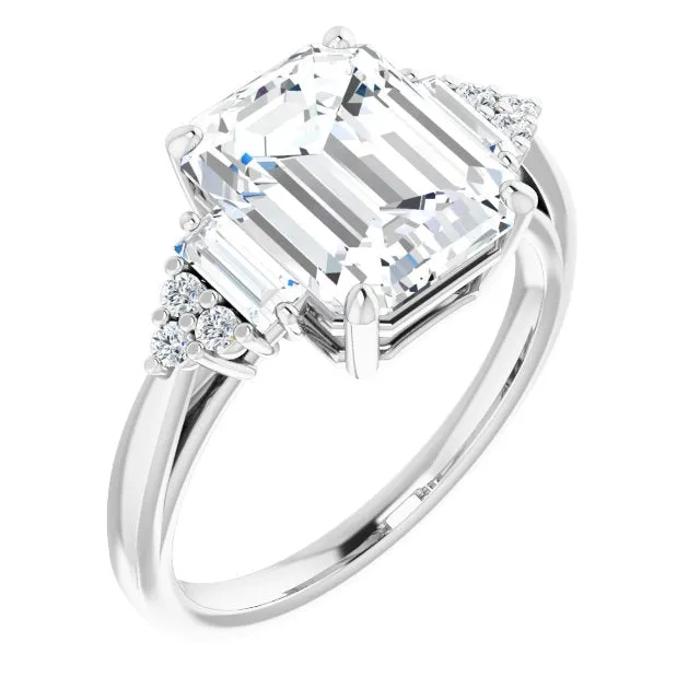 Cubic Zirconia Engagement Ring- The Barb (Customizable 9-stone Design with Emerald Cut Center, Side Baguettes and Tri-Cluster Round Accents)