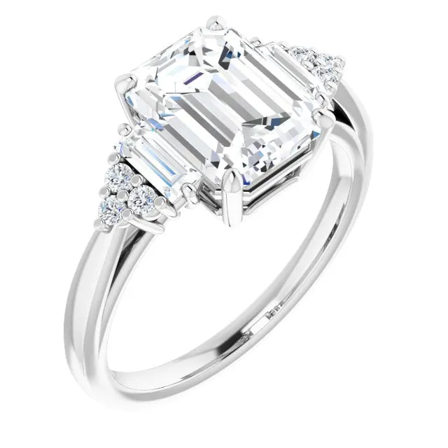 Cubic Zirconia Engagement Ring- The Barb (Customizable 9-stone Design with Emerald Cut Center, Side Baguettes and Tri-Cluster Round Accents)