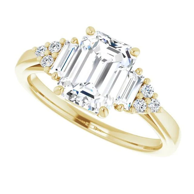 Cubic Zirconia Engagement Ring- The Barb (Customizable 9-stone Design with Emerald Cut Center, Side Baguettes and Tri-Cluster Round Accents)