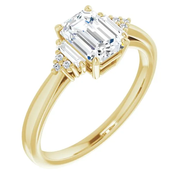 Cubic Zirconia Engagement Ring- The Barb (Customizable 9-stone Design with Emerald Cut Center, Side Baguettes and Tri-Cluster Round Accents)