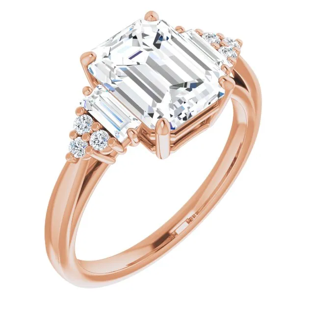 Cubic Zirconia Engagement Ring- The Barb (Customizable 9-stone Design with Emerald Cut Center, Side Baguettes and Tri-Cluster Round Accents)