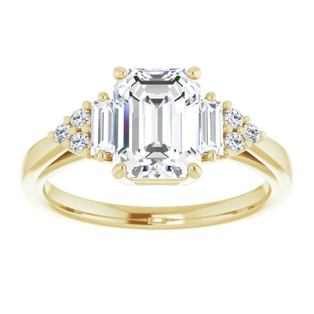 Cubic Zirconia Engagement Ring- The Barb (Customizable 9-stone Design with Emerald Cut Center, Side Baguettes and Tri-Cluster Round Accents)