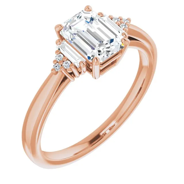 Cubic Zirconia Engagement Ring- The Barb (Customizable 9-stone Design with Emerald Cut Center, Side Baguettes and Tri-Cluster Round Accents)