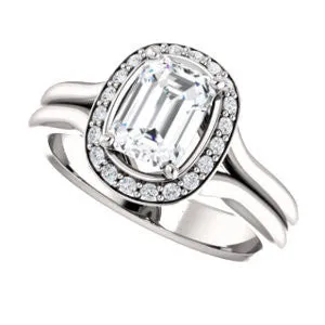 Cubic Zirconia Engagement Ring- The Bebi (Customizable Cathedral-Halo Emerald Cut Design with Wide Split Band)