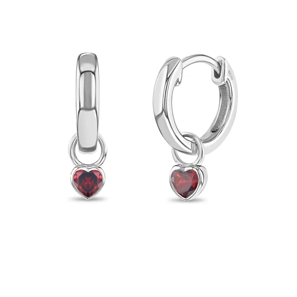 CZ Birthstone Heart 9mm Kids / Children's / Girls Earrings Hoop/Huggie Dangle Safety Latch - Sterling Silver