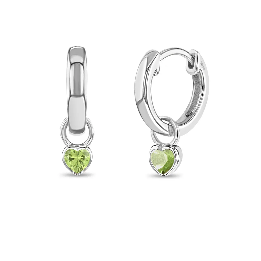 CZ Birthstone Heart 9mm Kids / Children's / Girls Earrings Hoop/Huggie Dangle Safety Latch - Sterling Silver