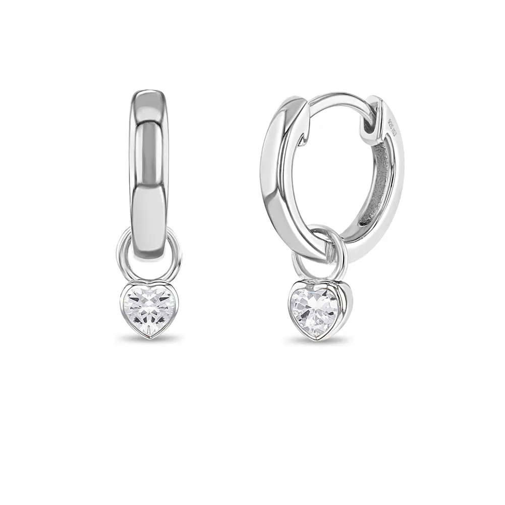 CZ Birthstone Heart 9mm Kids / Children's / Girls Earrings Hoop/Huggie Dangle Safety Latch - Sterling Silver