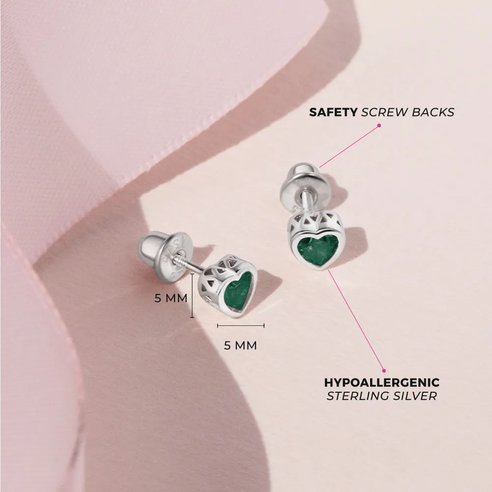 CZ Birthstone Heart Baby / Toddler / Kids Earrings Screw Back Basket Setting - Sterling Silver