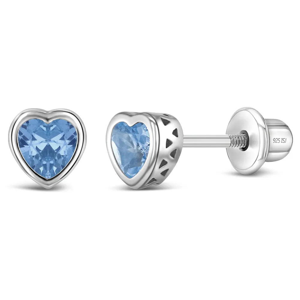 CZ Birthstone Heart Baby / Toddler / Kids Earrings Screw Back Basket Setting - Sterling Silver