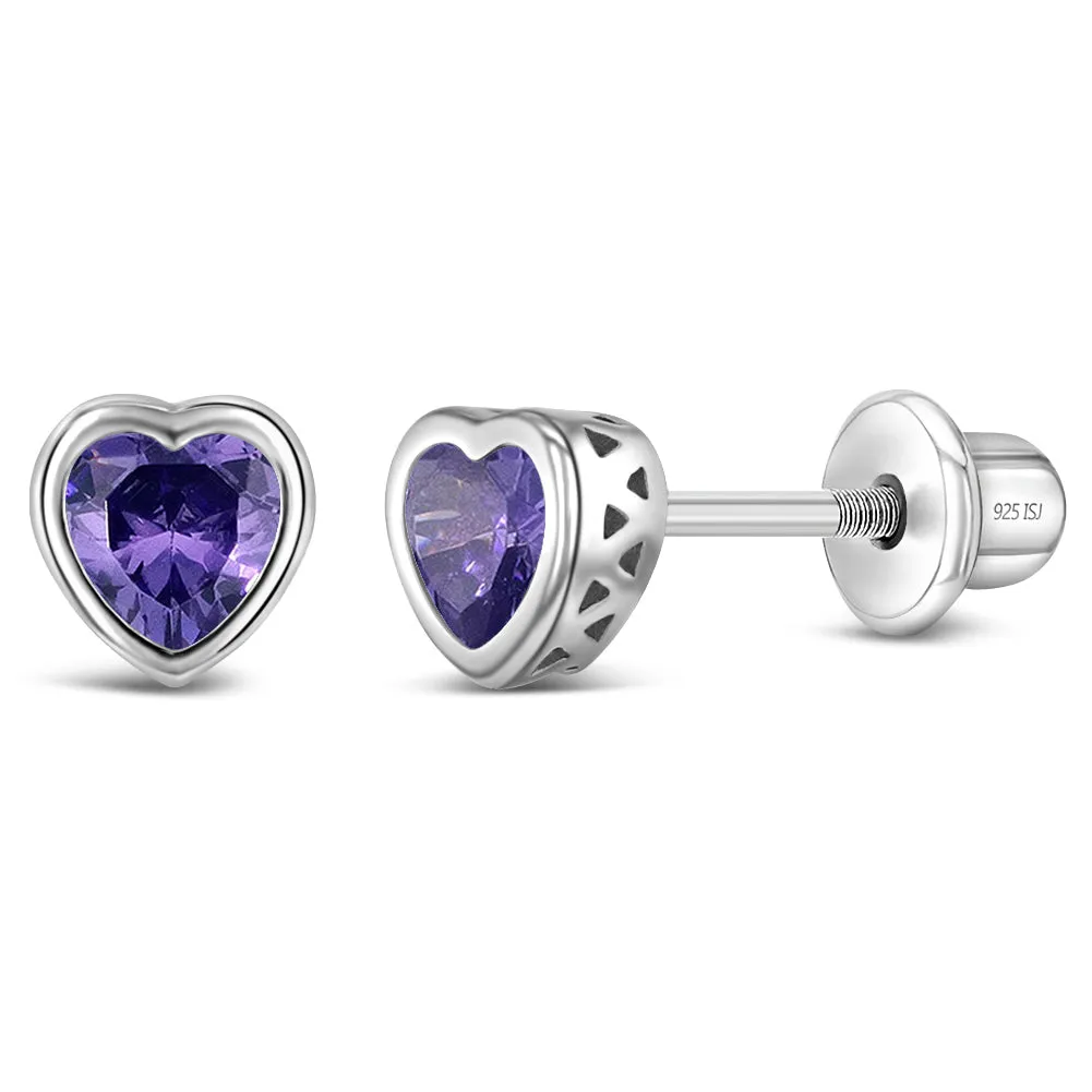 CZ Birthstone Heart Baby / Toddler / Kids Earrings Screw Back Basket Setting - Sterling Silver