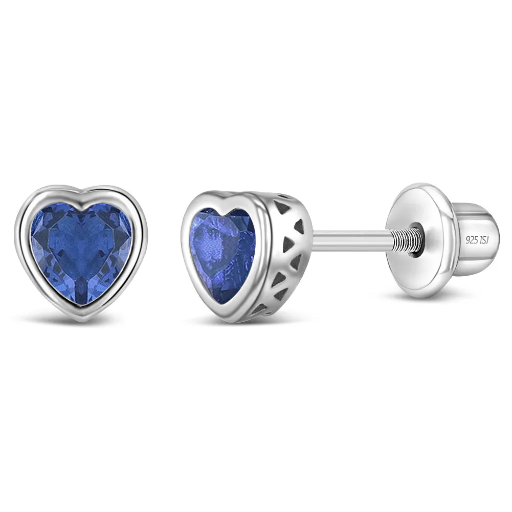 CZ Birthstone Heart Baby / Toddler / Kids Earrings Screw Back Basket Setting - Sterling Silver