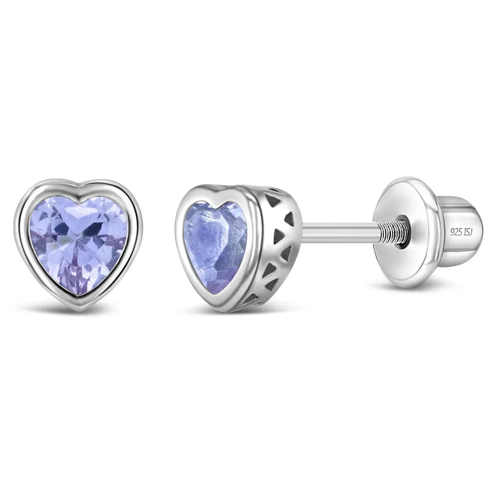 CZ Birthstone Heart Baby / Toddler / Kids Earrings Screw Back Basket Setting - Sterling Silver