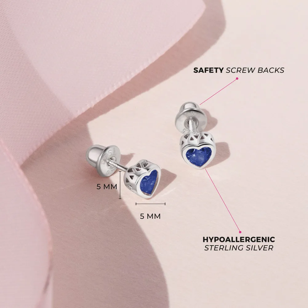 CZ Birthstone Heart Baby / Toddler / Kids Earrings Screw Back Basket Setting - Sterling Silver