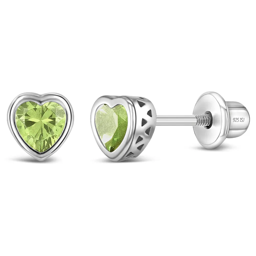 CZ Birthstone Heart Baby / Toddler / Kids Earrings Screw Back Basket Setting - Sterling Silver