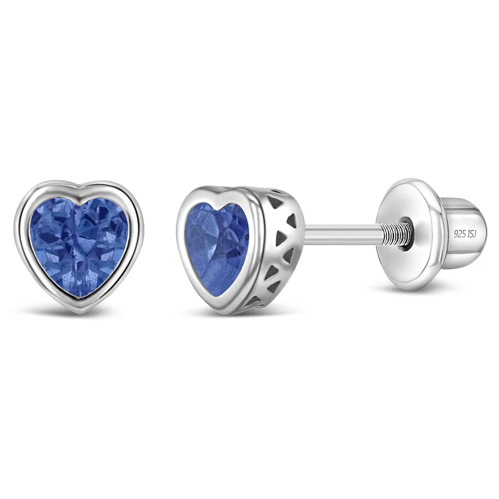 CZ Birthstone Heart Baby / Toddler / Kids Earrings Screw Back Basket Setting - Sterling Silver